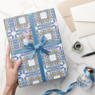 Mediterranean Italy Blue Tiles Bridal Shower Wrapping Paper