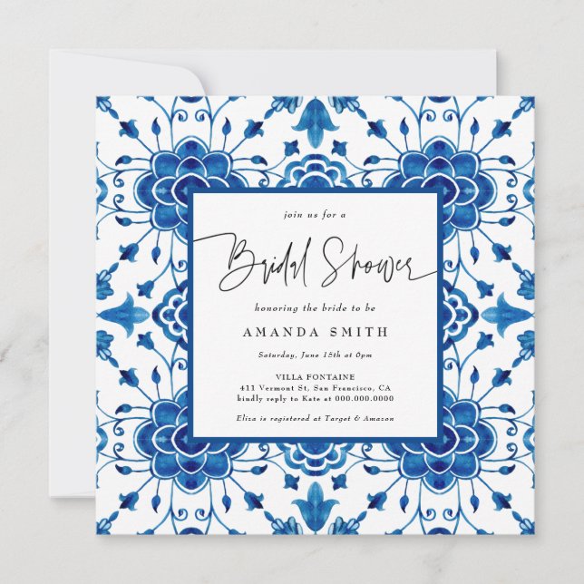 Mediterranean Italy Blue Tiles Greek Bridal Shower Invitation (Front)