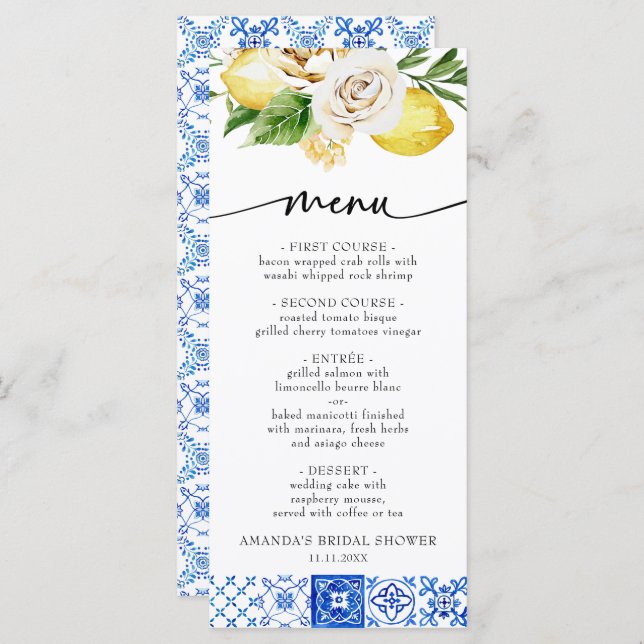 Mediterranean Italy Floral Lemon Bridal Shower Menu (Front/Back)