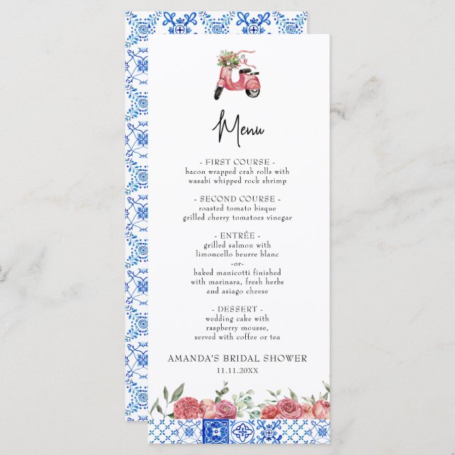 Mediterranean Italy Floral Pink Bridal Shower Menu (Front/Back)