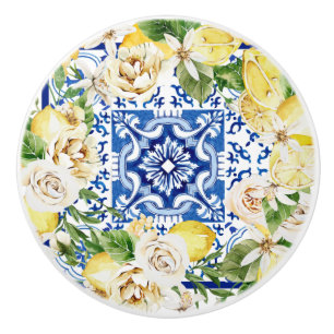 Mediterranean Italy Sicily blue tiles with lemons  Ceramic Knob