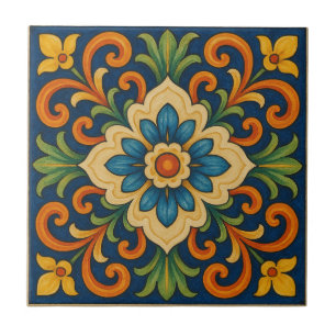 Mediterranean Jewel-Toned Hand-Painted Style Ceramic Tile