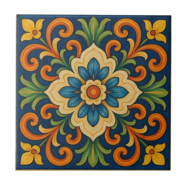 Mediterranean Jewel-Toned Hand-Painted Style Ceramic Tile (Front)