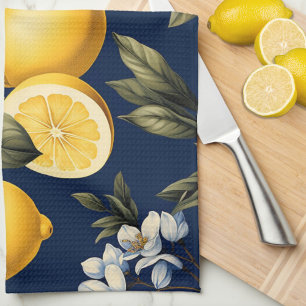 Mediterranean Kitchen Navy Lemons and Blooms Tea Towel