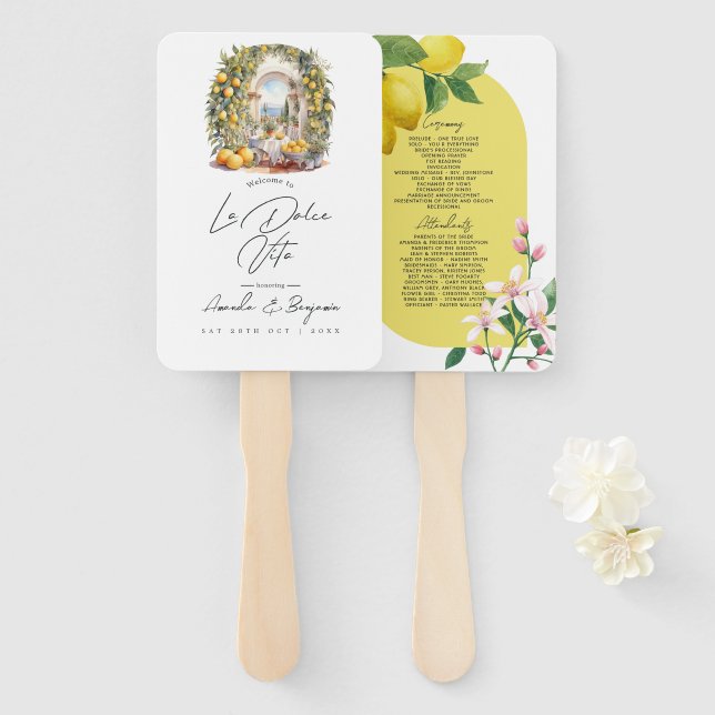 Mediterranean La Dolce Vita Wedding Program Hand Fan (Front and Back)