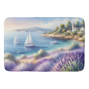 Mediterranean Lavender Coast with Sailboats Bath Mat