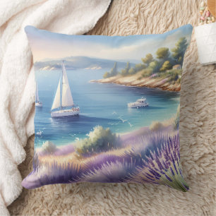 Mediterranean Lavender Coast with Sailboats Cushion