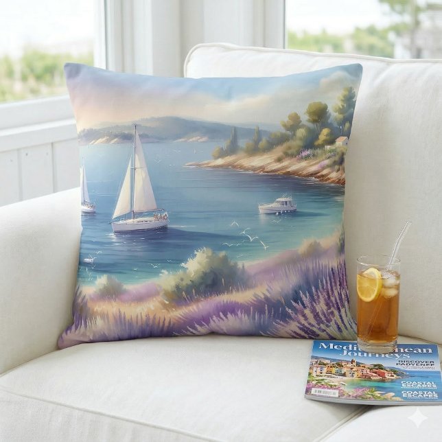 Mediterranean Lavender Coast with Sailboats Cushion (Mediterranean Lavender Coast with Sailboats Throw Pillow Mockup A)
