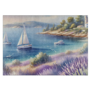 Mediterranean Lavender Coast with Sailboats Cutting Board