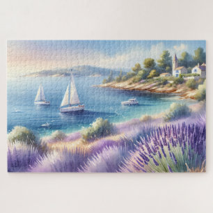 Mediterranean Lavender Coast with Sailboats Jigsaw Puzzle