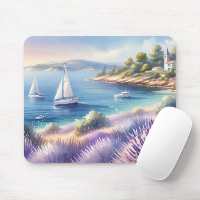 Mediterranean Lavender Coast with Sailboats Mouse Pad (With Mouse)
