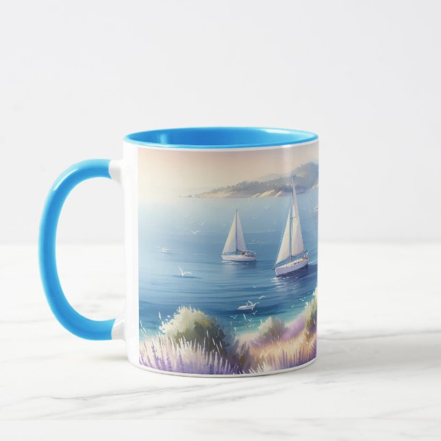 Mediterranean Lavender Coast with Sailboats Mug (Left)
