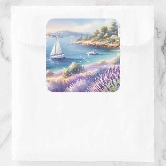 Mediterranean Lavender Coast with Sailboats Square Sticker (Bag)