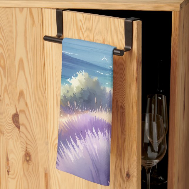 Mediterranean Lavender Coast with Sailboats Tea Towel (Thirds Fold)