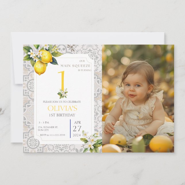 Mediterranean Lemon 1st 2nd 3rd Photo Birthday  Invitation (Front)