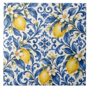 Mediterranean Lemon and Blue Floral Ceramic Tile