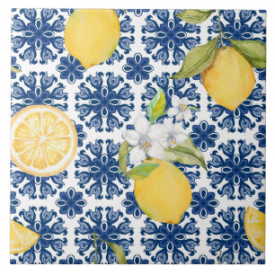 Mediterranean Lemon Azulejo Pattern Ceramic Tile