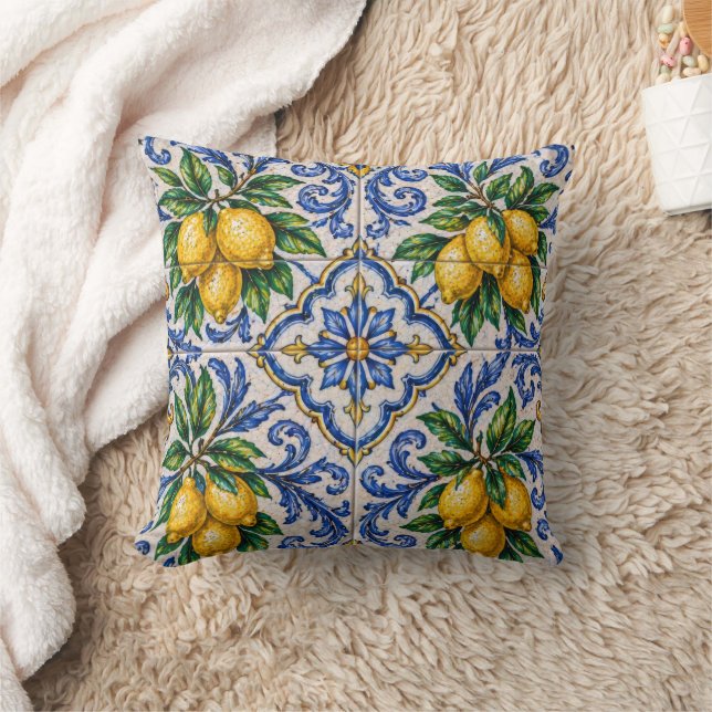Mediterranean Lemon Azulejo Tile Cushion (Blanket)