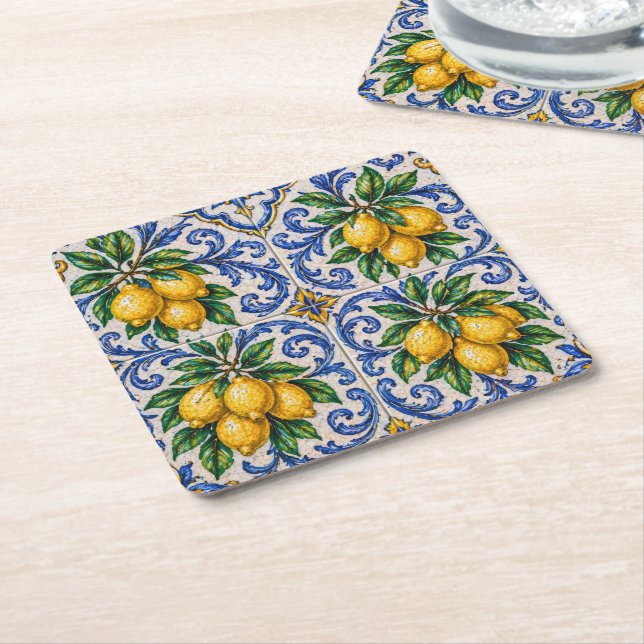 Mediterranean Lemon Azulejo Tile Square Paper Coaster (Angled)
