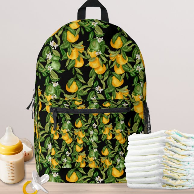 Mediterranean Lemon Baby Essentials Printed Backpack (Chic Baby Gear Backpack with lemons pattern on black)