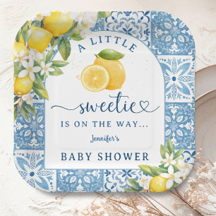 Mediterranean Lemon Baby Shower Blue Tiles Paper Plate