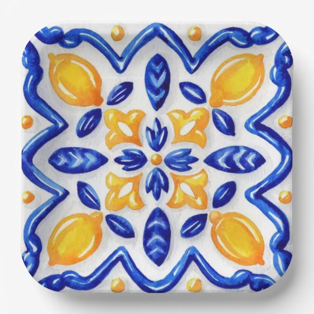 Mediterranean Lemon Blossom Ceramic Hand Painted  Paper Plate (Front)