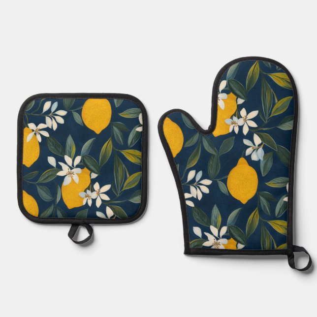 Mediterranean Lemon Blossom Oven Mitt & Pot Holder Set (Front)