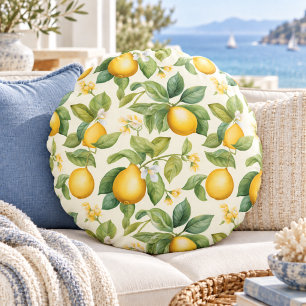 Mediterranean Lemon Blossoms Citrus Round Cushion