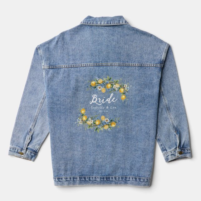 Mediterranean Lemon Blue Floral Bride Wedding Denim Jacket (Back)