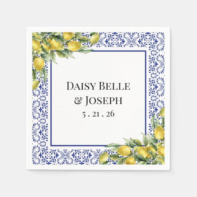 Mediterranean Lemon Blue Mosaic Tile Wedding Napkin (Front)