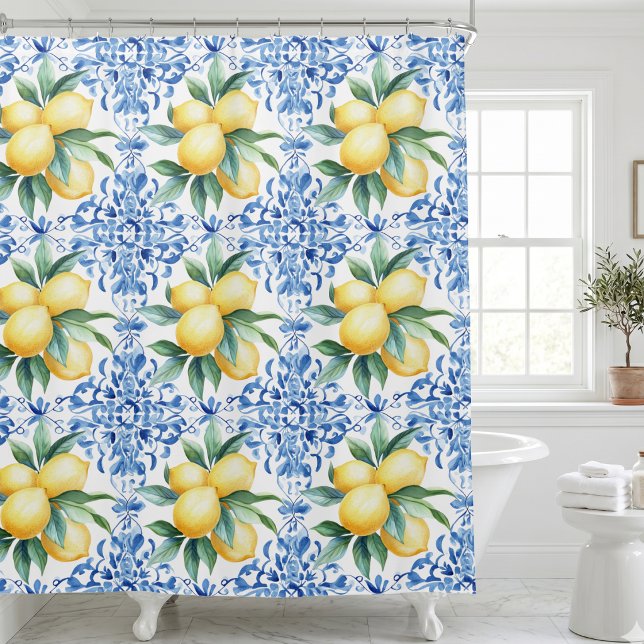 Mediterranean Lemon Blue Shower Curtain (mediterranean citrus lemon blue tile french country shower curtain)