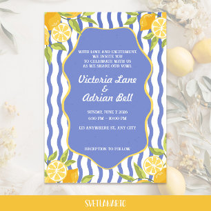 Mediterranean Lemon Blue Striped Wedding  Invitation