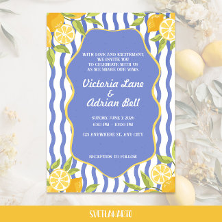 Mediterranean Lemon Blue Striped Wedding Invitation