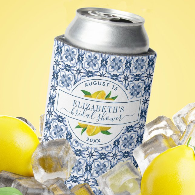 Mediterranean Lemon Blue Tile Bridal Shower Can Cooler (Creator Uploaded)