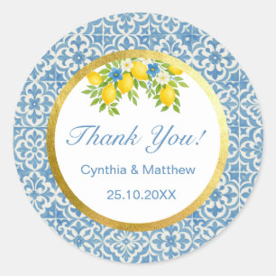 Mediterranean Lemon & Blue Tile Classic Round Sticker