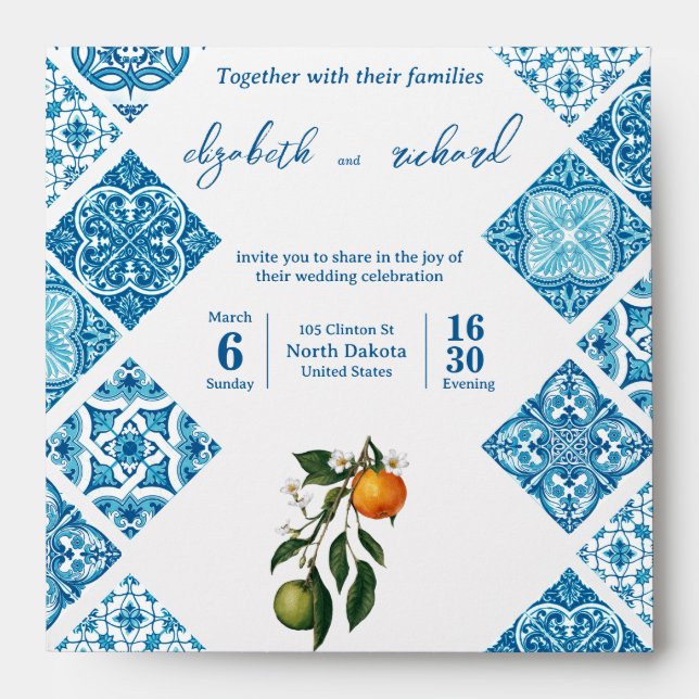 Mediterranean Lemon Blue Tile Pattern Wedding Mail Envelope (Front)