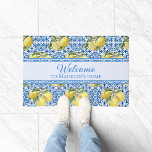 Mediterranean Lemon Blue Tile Personalized Welcome Doormat