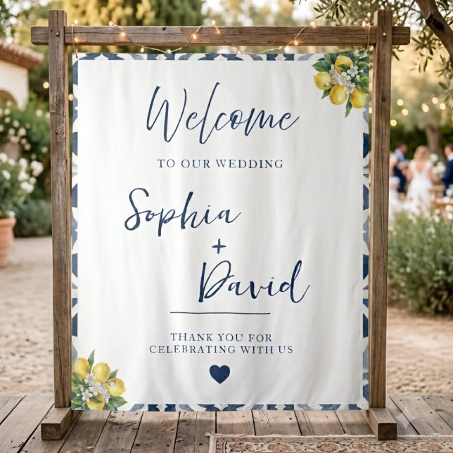 Mediterranean Lemon Blue Tile Wedding Backdrop  Tapestry (Creator Uploaded)