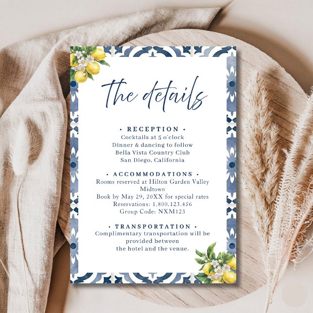 Mediterranean Lemon Blue Tile Wedding Detail Card (Creator Uploaded)