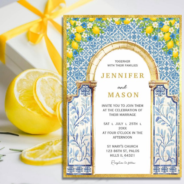 Mediterranean Lemon & Blue Tile Wedding Invitation (Elegant Mediterranean Lemon Arch Wedding Invitation – Blue Tile & Watercolor Citrus Theme#zazzlemade)