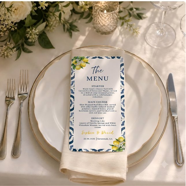 Mediterranean Lemon Blue Tile Wedding Menu Card (Creator Uploaded)