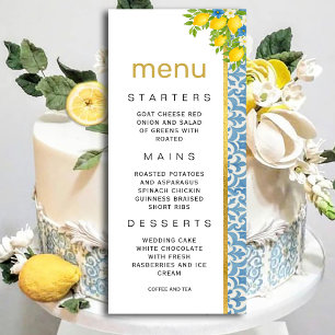Mediterranean Lemon & Blue Tile Wedding Menu Invitation