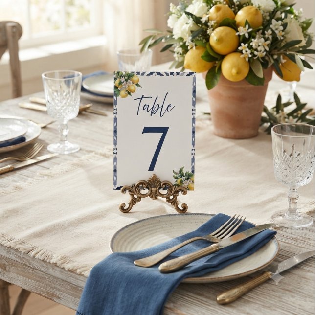 Mediterranean Lemon Blue Tile Wedding Table Number (Creator Uploaded)
