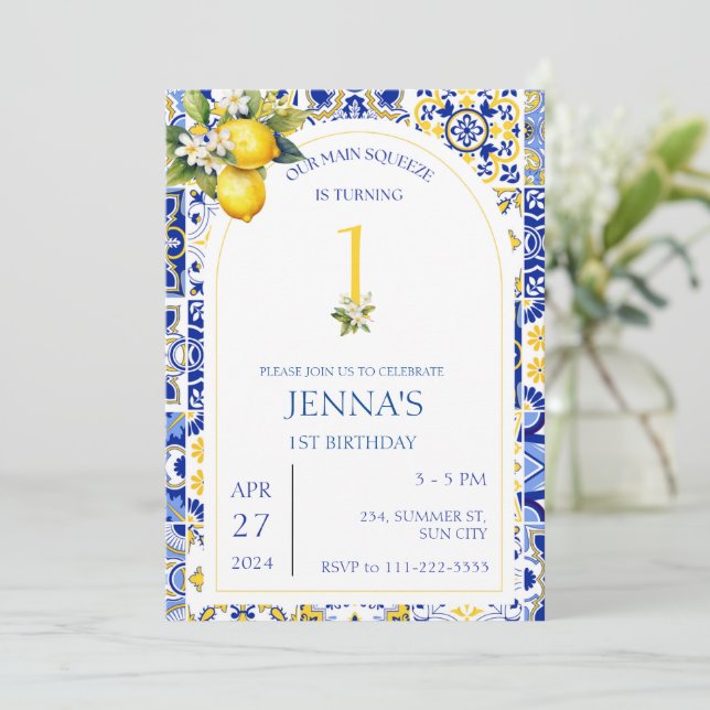 Mediterranean Lemon Blue Tiles 1st 2nd Birthday  Invitation (Standing Front)