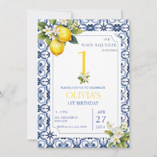 Mediterranean Lemon Blue Tiles 1st 2nd Birthday Invitation