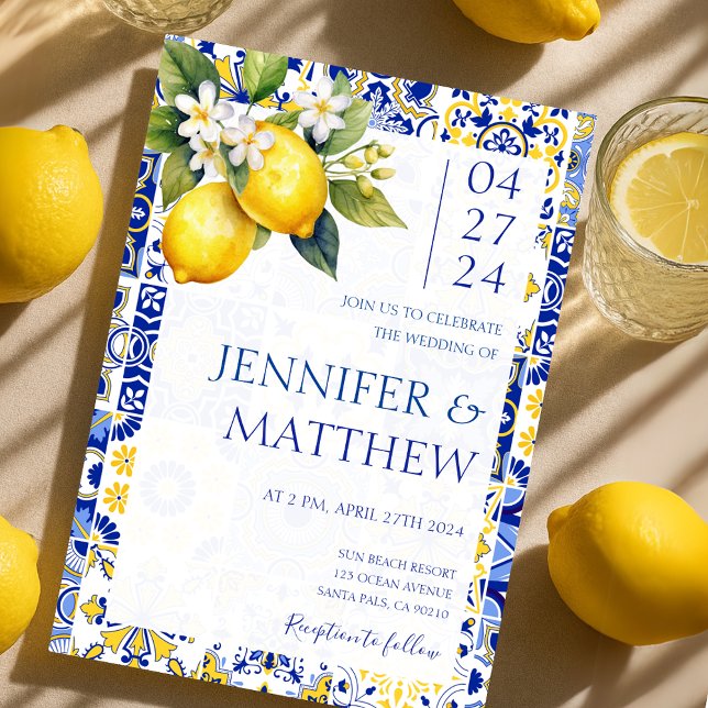 Mediterranean Lemon Blue Tiles Italian Wedding Invitation (Mediterranean Lemon Blue Tiles Italian Wedding Invitation)