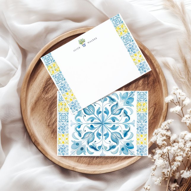 Mediterranean Lemon Blue Tiles Stationery Card (Creator Uploaded)