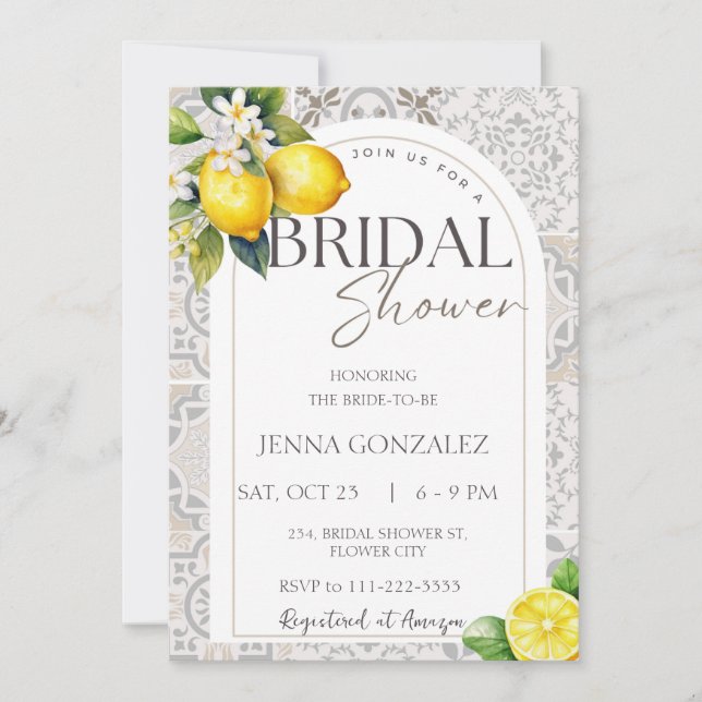 Mediterranean  Lemon Boho Tiles Bridal Shower Invitation (Front)
