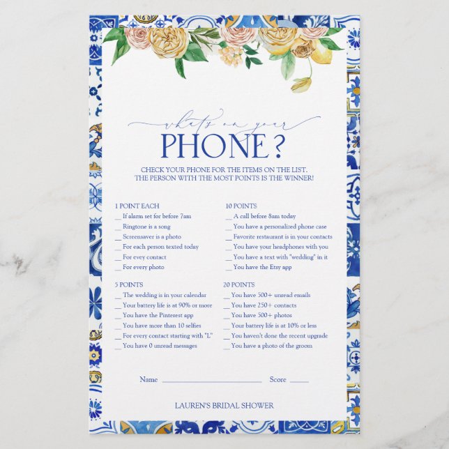 Mediterranean Lemon Bridal Shower Phone Game (Front)