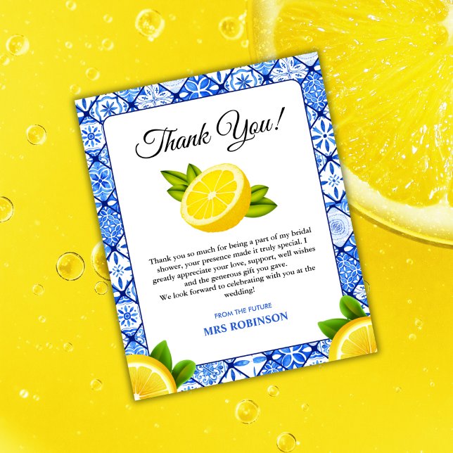 Mediterranean Lemon Bridal Shower Thank You Card   (Mediterranean Italian Blue Tile Lemon Bridal Shower Thank You Card )